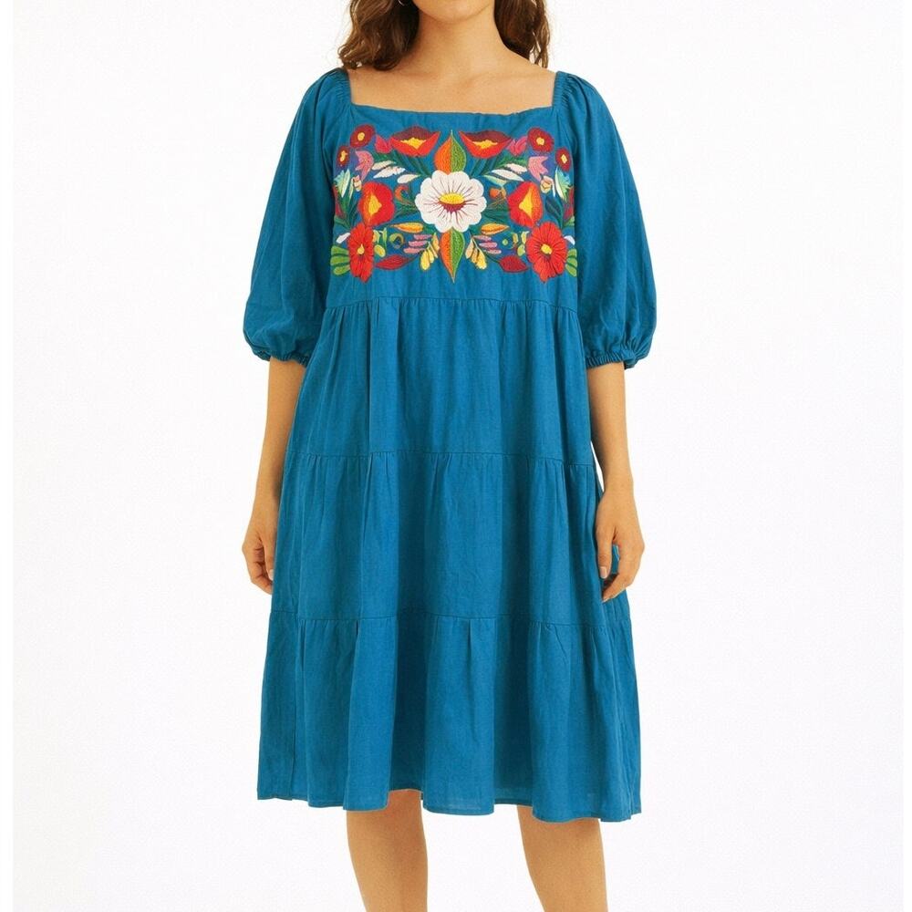 Artesanias Oaxacan Floral Embroidered Dress M Folk Art Mexican Cotton Blue Artsy